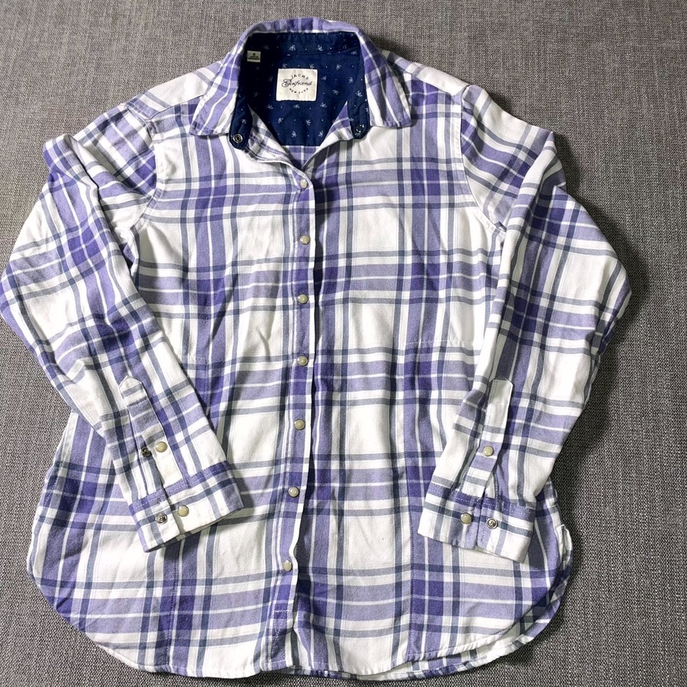 Jachs Girlfriend Shirt Womens Small Purple‎ White Plaid Round Pearl Snap Front